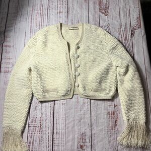 Magda Butrym Cream Crochet Textured Cropped Cardigan with fringe sleeves size S